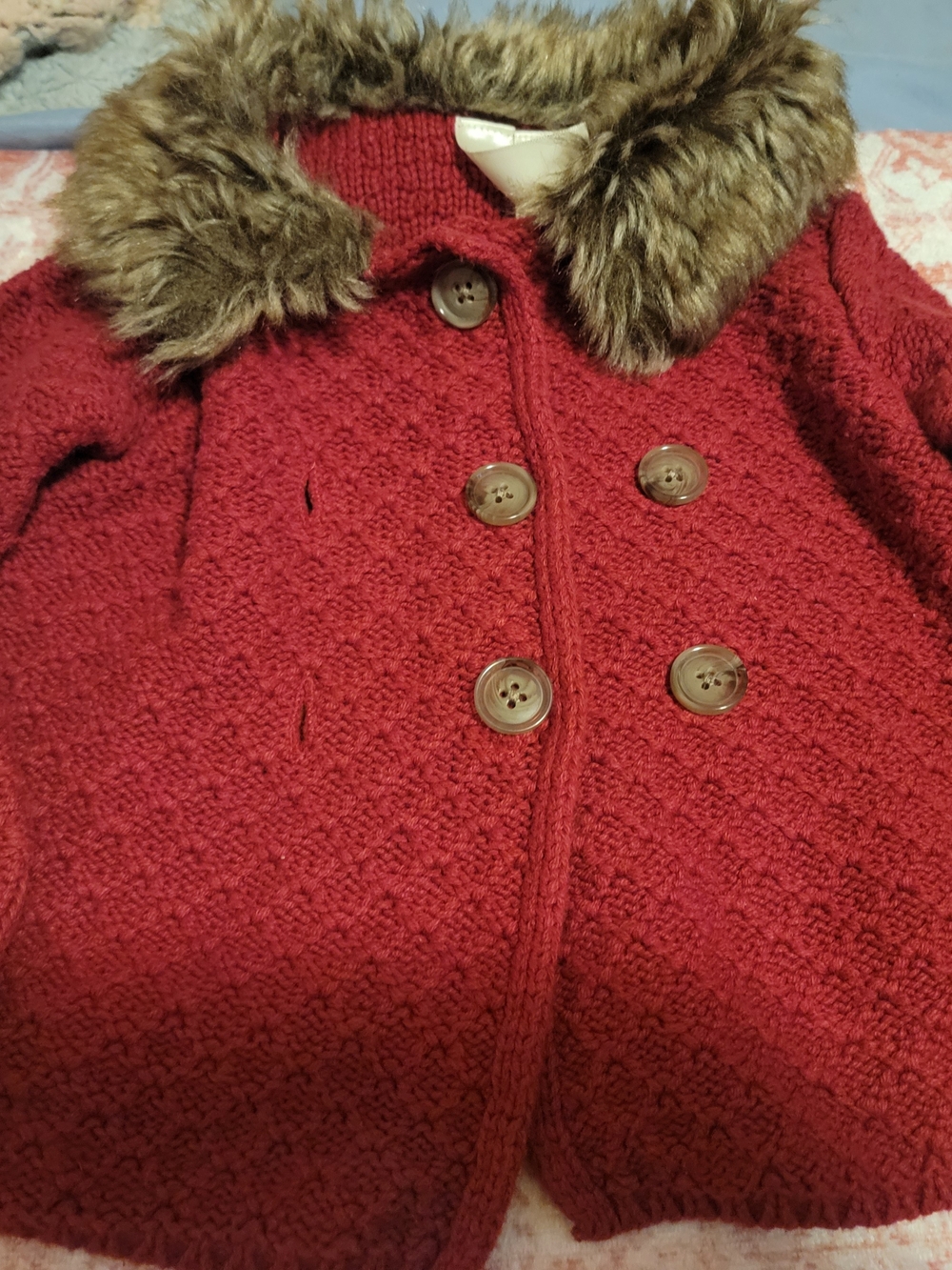 Girls' Red Knit Double-Breasted Coat with Faux-Fur Collar